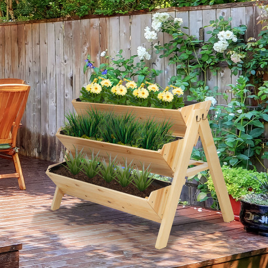 Outsunny 47.25''x26.75''x31.5'' 3 Tier Wooden Garden Flower Stand Vertical Plant Bed Storage with Clapboard, Hooks | Aosom Canada