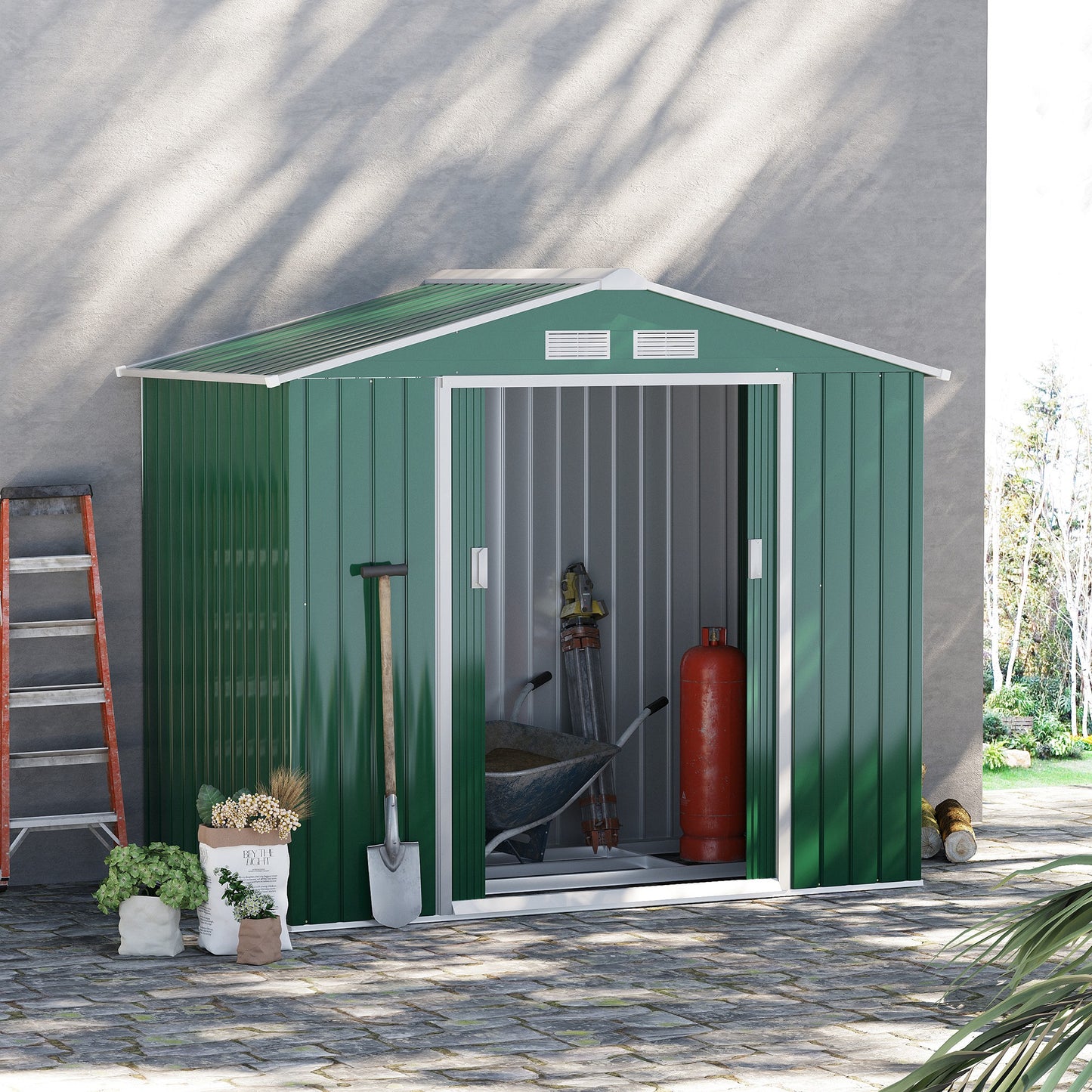 Outsunny 7' x 4' x 6' Garden Storage Shed Outdoor Patio Yard Metal Tool Storage House w/ Floor Foundation and Double Doors Green | Aosom Canada