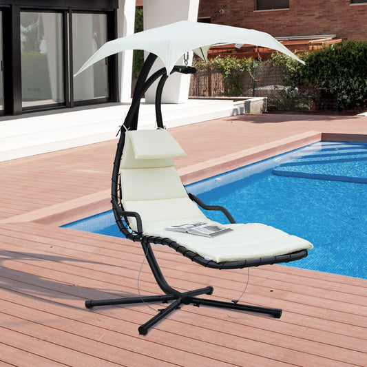 Outsunny Floating Chaise Lounge Outdoor Porch Swing Chair Hanging Hammock Reclining Seat w/ Arc Stand & Canopy Umbrella (Cream White) | Aosom Canada