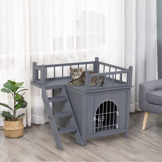 PawHut 2-Story Pet House for Cats Miniature Sized Dogs, Wooden Kitten Shelter with Enclosure, Balcony, Lockable Gate, Stairs, Grey | Aosom Canada
