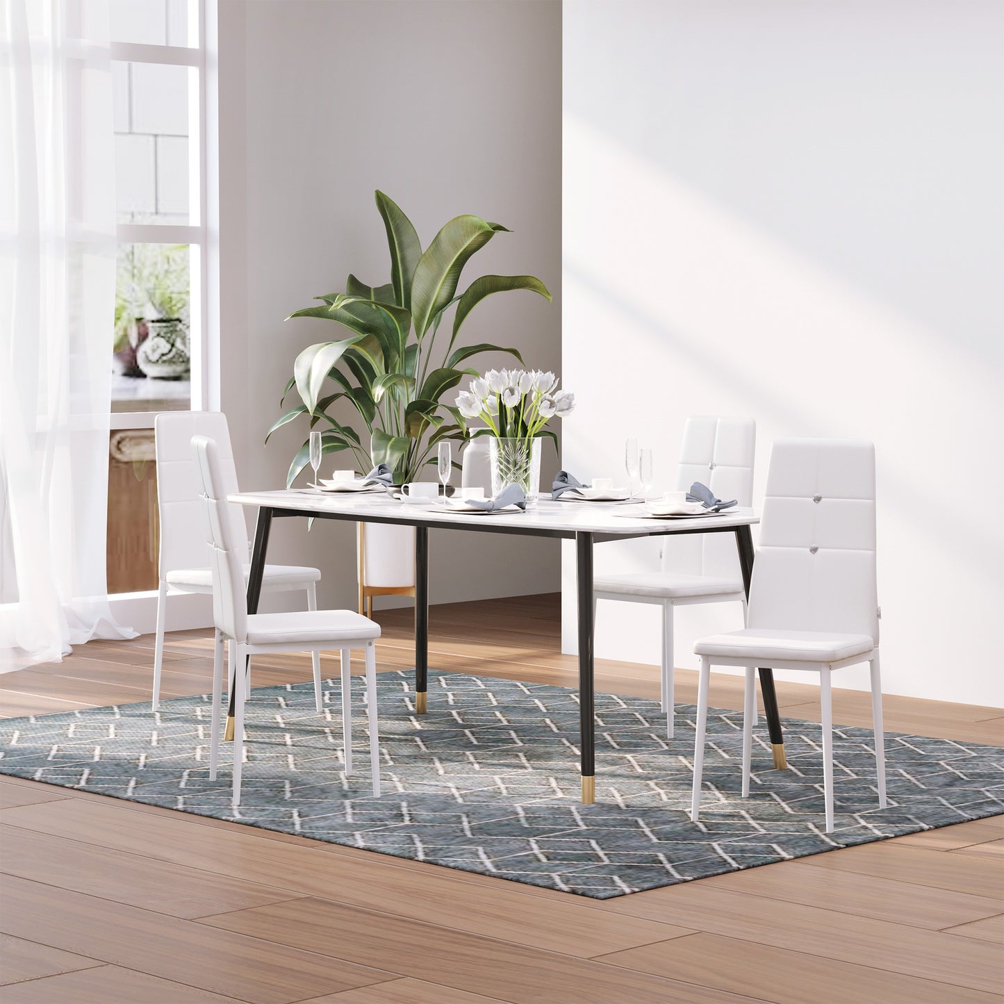 HOMCOM Set of 4 Modern Style Dining Chairs, Button Tufted High Back Side Chairs with Upholstered Seat, Steel Legs White | Aosom Canada