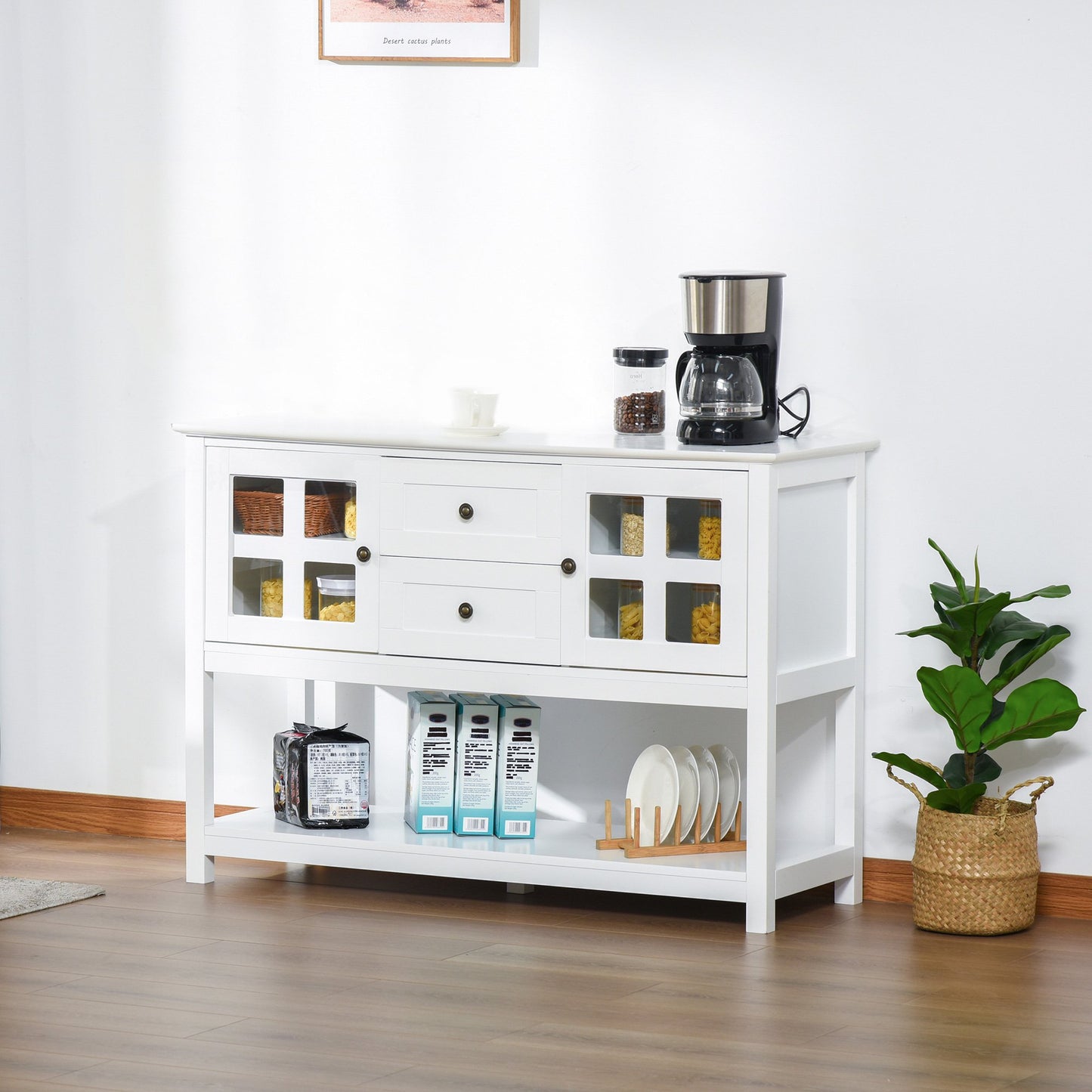 HOMCOM Kitchen Sideboard Serving Buffet Storage Cabinet Cupboard with Adjustable Shelves, Glass Doors, 2 Drawers, White | Aosom Canada