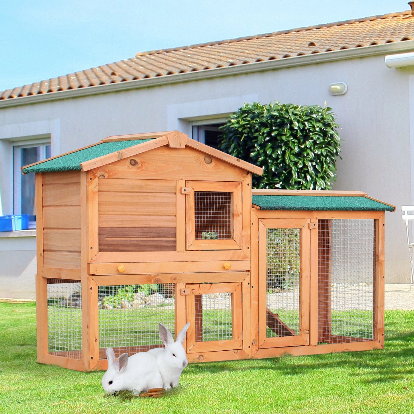 PawHut Two-Level Rabbit Small Pet House Hutch w/ Outdoor Run Water & UV Resistant Roof Access Ramp Natural Finish Guinea Pig Hamster | Aosom Canada