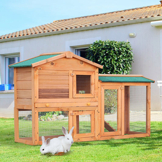 PawHut Two-Level Rabbit Small Pet House Hutch w/ Outdoor Run Water & UV Resistant Roof Access Ramp Natural Finish Guinea Pig Hamster | Aosom Canada