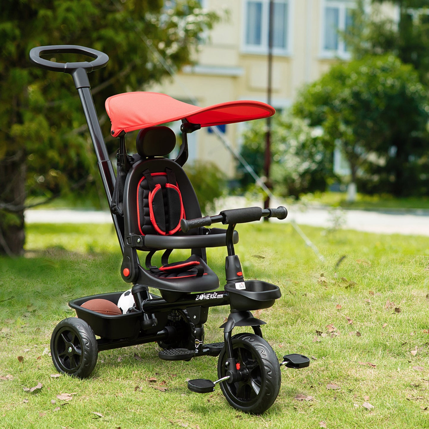 Qaba Baby Tricycle 4 In 1 Stroller w/ Reversible Angle Adjustable Seat Removable Handle Canopy Handrail Belt Red | Aosom Canada
