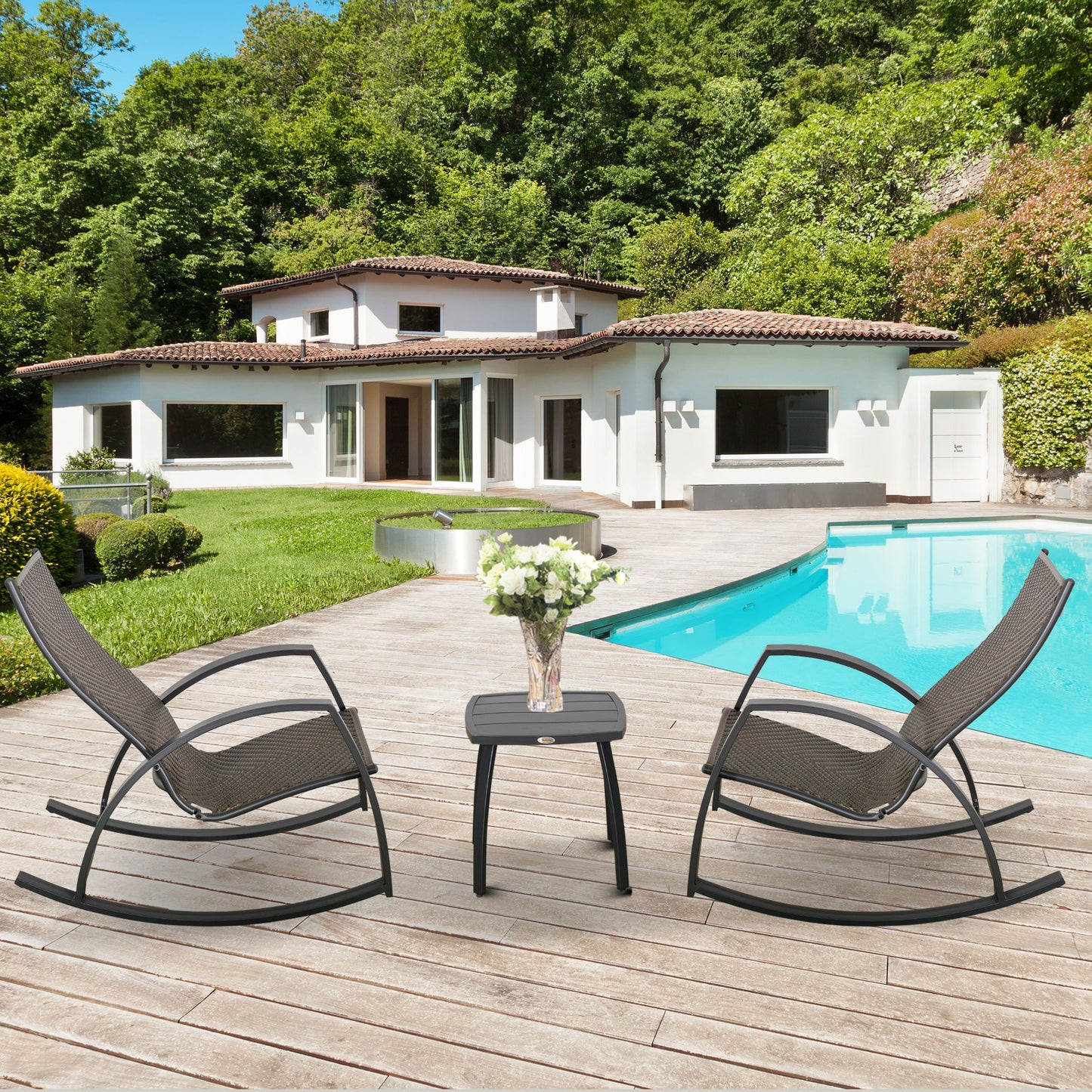 Outsunny 3 Pieces Outdoor Wicker Patio Bistro Set Rattan Set w/ 2 Rocking Chairs and Small Coffee Table, Garden Porch Poolside, Brown | Aosom Canada