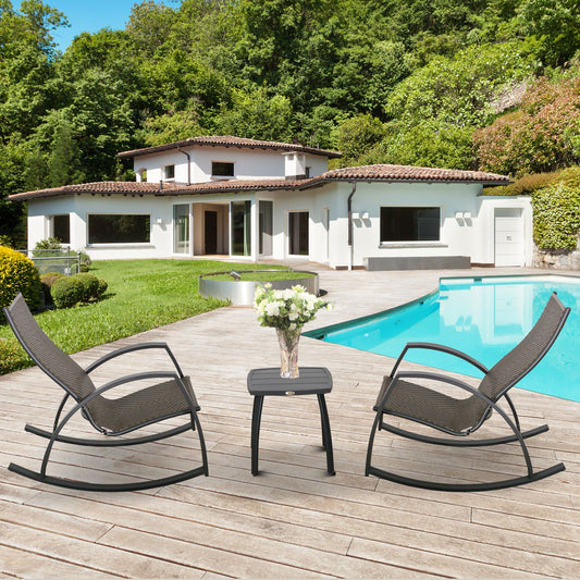 Outsunny 3 Pieces Outdoor Wicker Patio Bistro Set Rattan Set w/ 2 Rocking Chairs and Small Coffee Table, Garden Porch Poolside, Brown | Aosom Canada