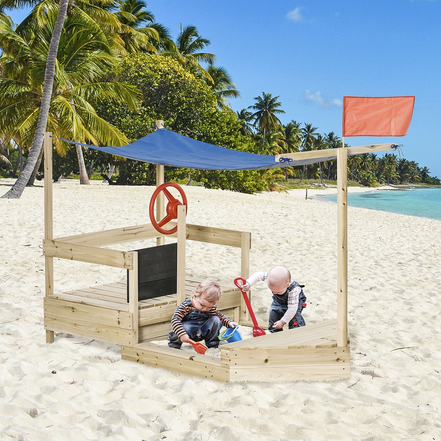 Outsunny Kids Wooden Sandbox, Covered Children Sand boat Outdoor, Foldable Play Station, for 3-8 Years Old | Aosom Canada