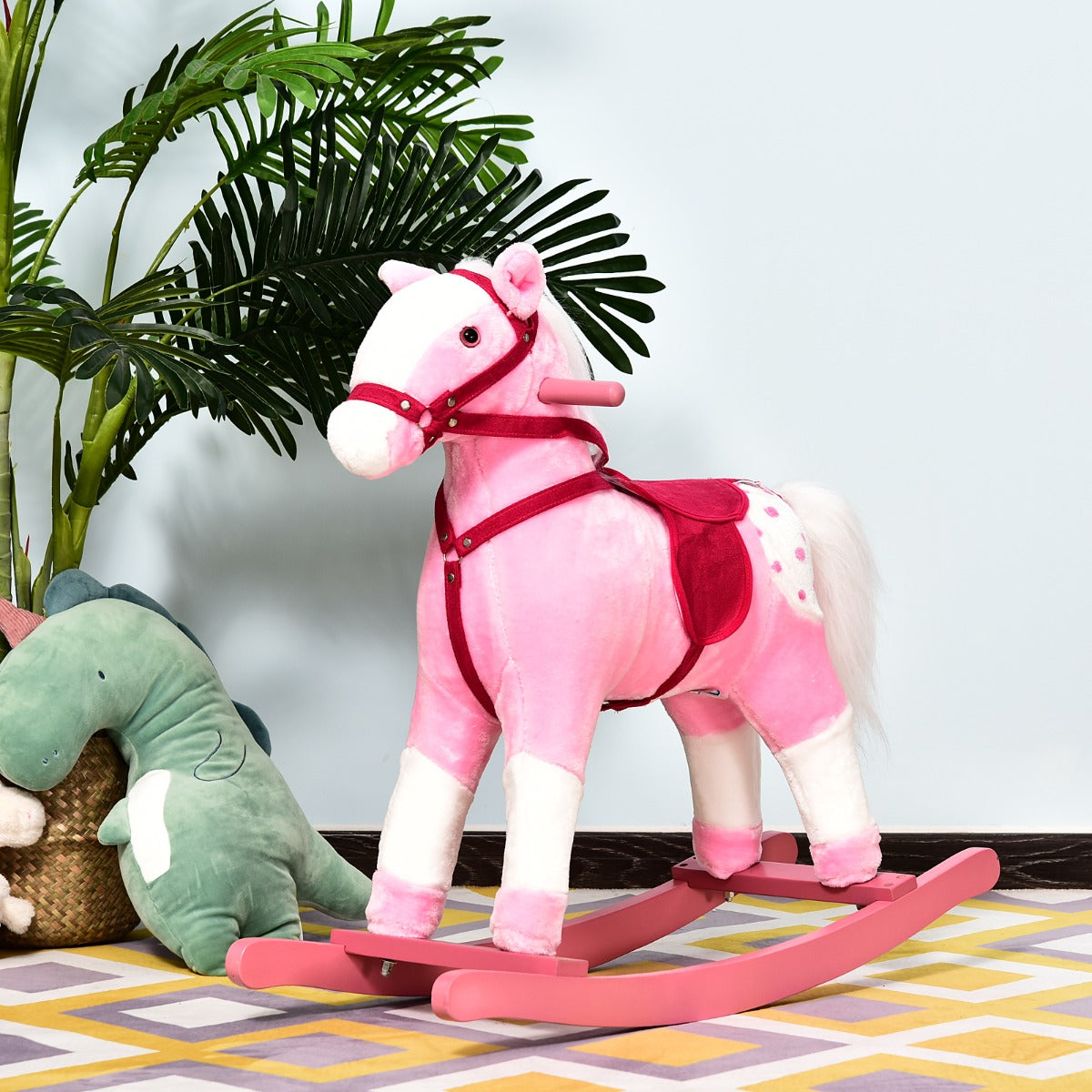 Qaba Rocking Plush Horse Poney Pony Children Kid Ride on Toy w/ Realistic Sound (Light Pink) | Aosom Canada