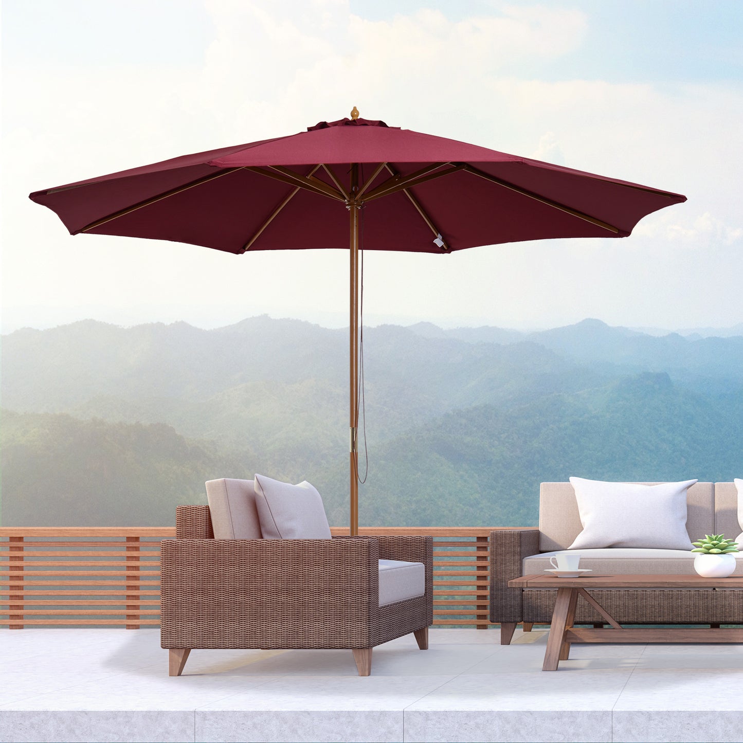 Outsunny ⌀10’ x 8.2’H Bamboo Wooden Round Market Patio Sun Umbrella Garden Parasol Outdoor Sunshade Canopy (Wine Red) | Aosom Canada