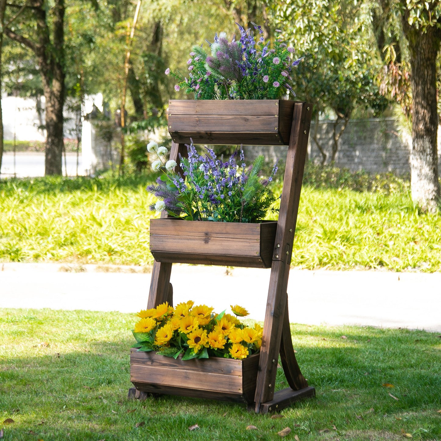 Outsunny 3-Tier Raised Garden Bed Vertical Freestanding Outdoor Wooden Flower Rack Flower Pot Stands | Aosom Canada