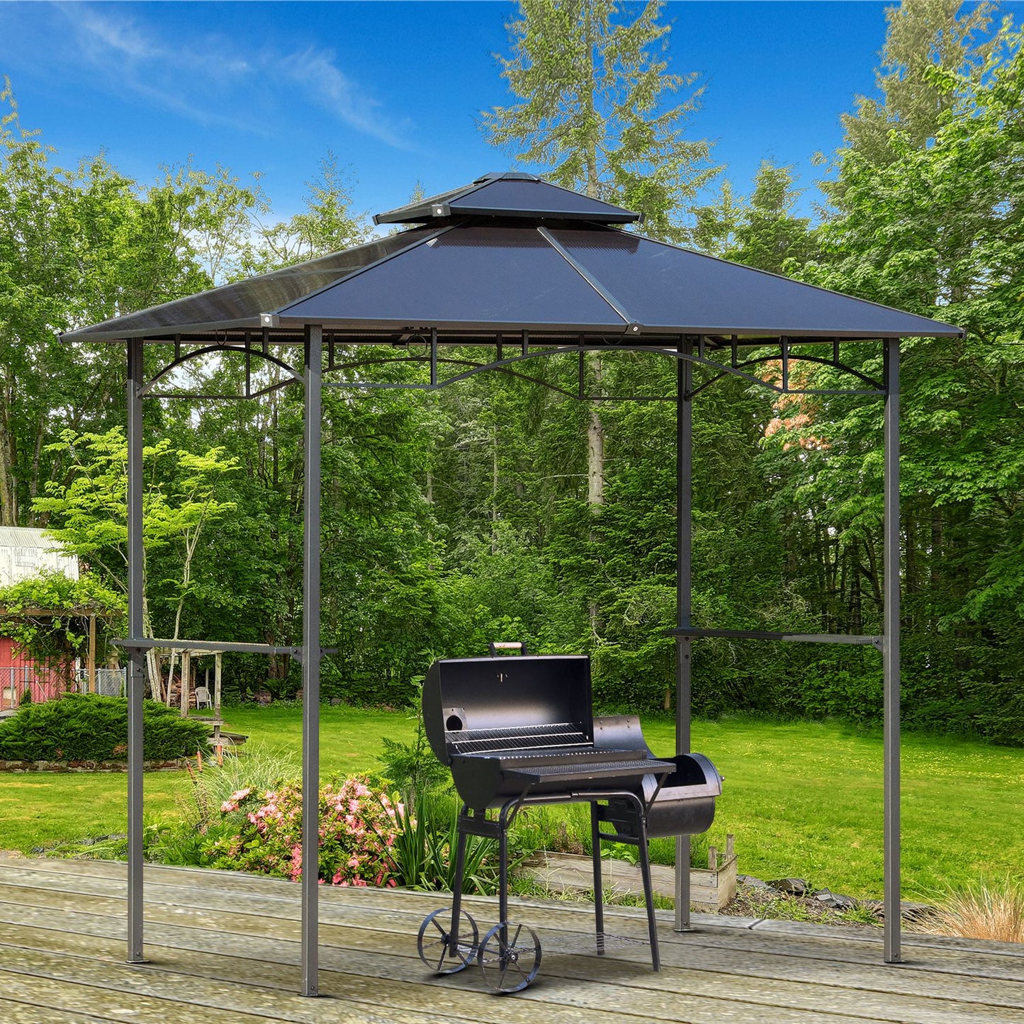 Outsunny 8' x 5' Barbecue Grill Gazebo Tent Outdoor BBQ Canopy with Side Shelves Double Layer PC Roof Aluminium | Aosom Canada