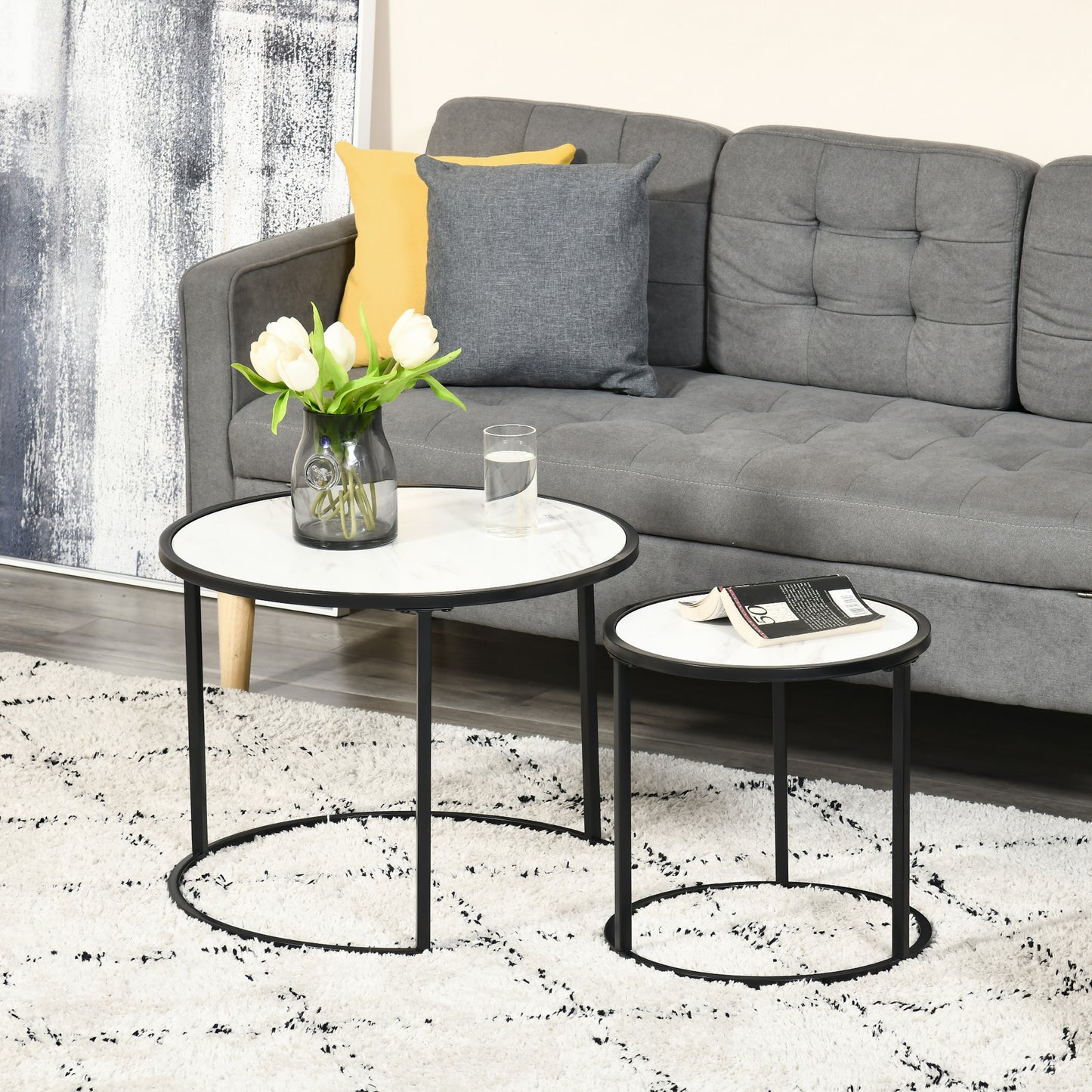 HOMCOM Round Nesting Coffee Table Set of 2, Stacking Modern Accent Tables with Faux Marble Tabletop and Metal Frame, White | Aosom Canada