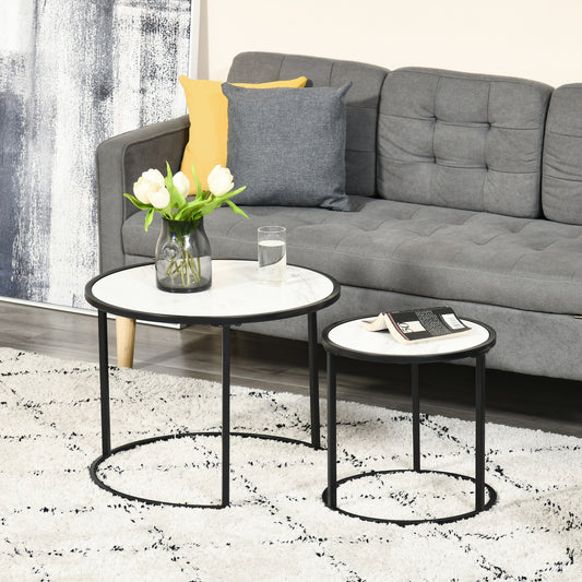 HOMCOM Round Nesting Coffee Table Set of 2, Stacking Modern Accent Tables with Faux Marble Tabletop and Metal Frame, White | Aosom Canada