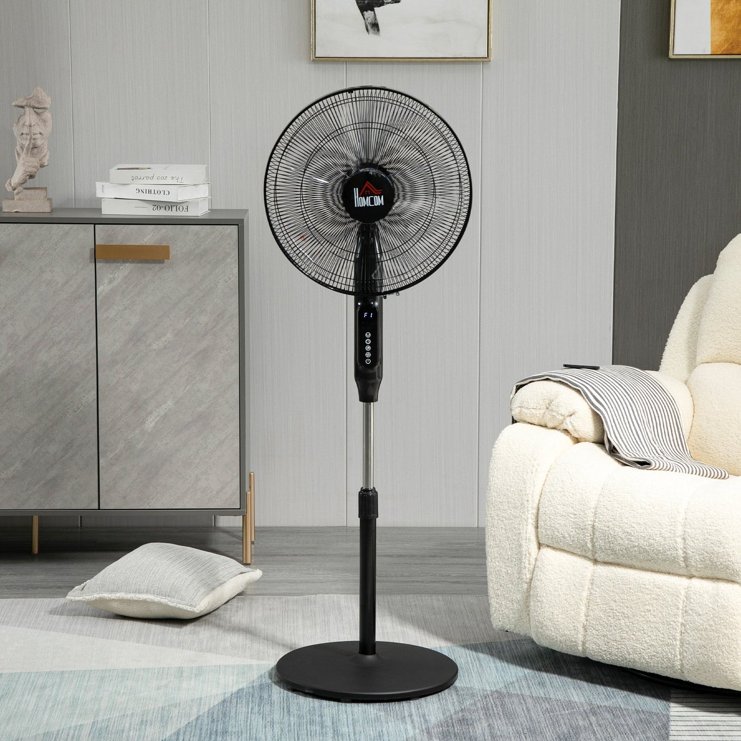HOMCOM Standing Floor Fan with Remote Control, Stand Up Cooling Fan, Tall Pedestal Electric Fan for Bedroom, Black | Aosom Canada