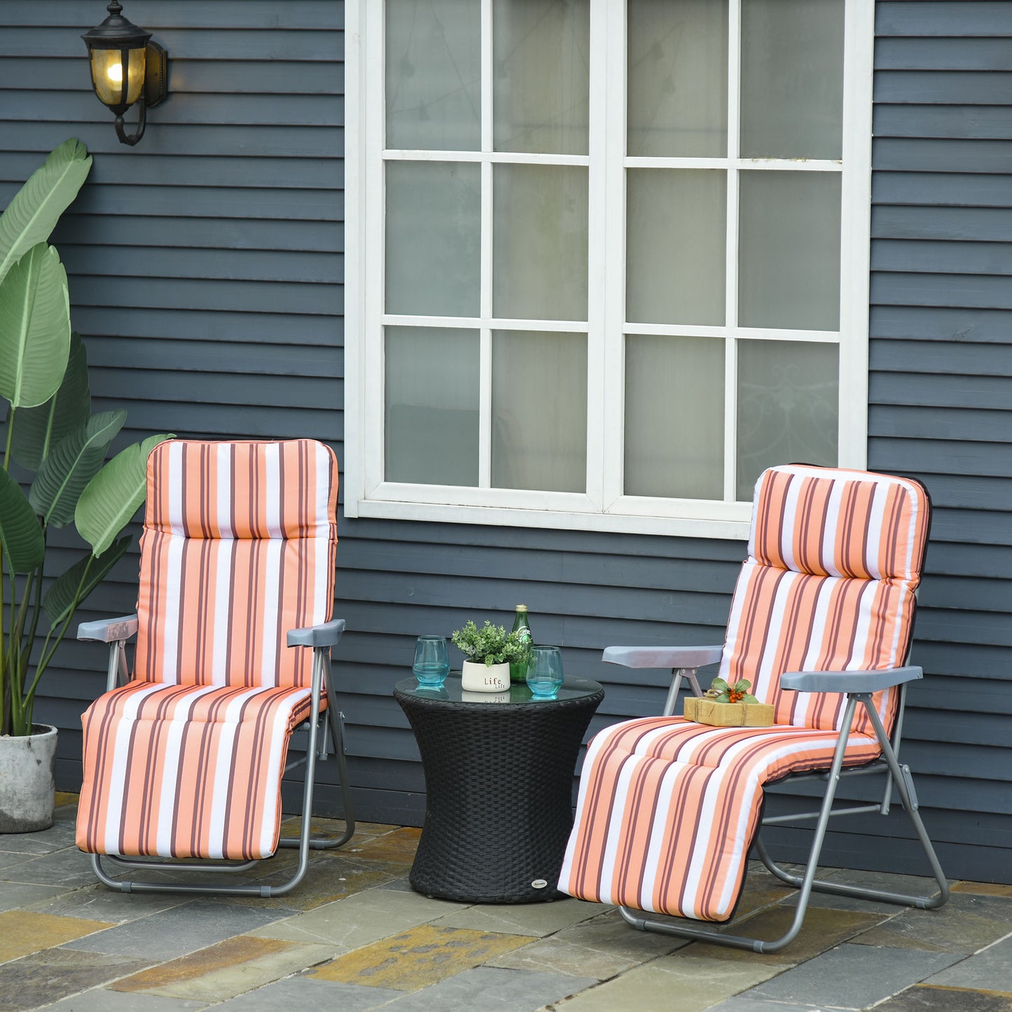 Outsunny Set of 2 Sun Lounger Recliner Stripe Cushioned Seat Foldable | Aosom Canada