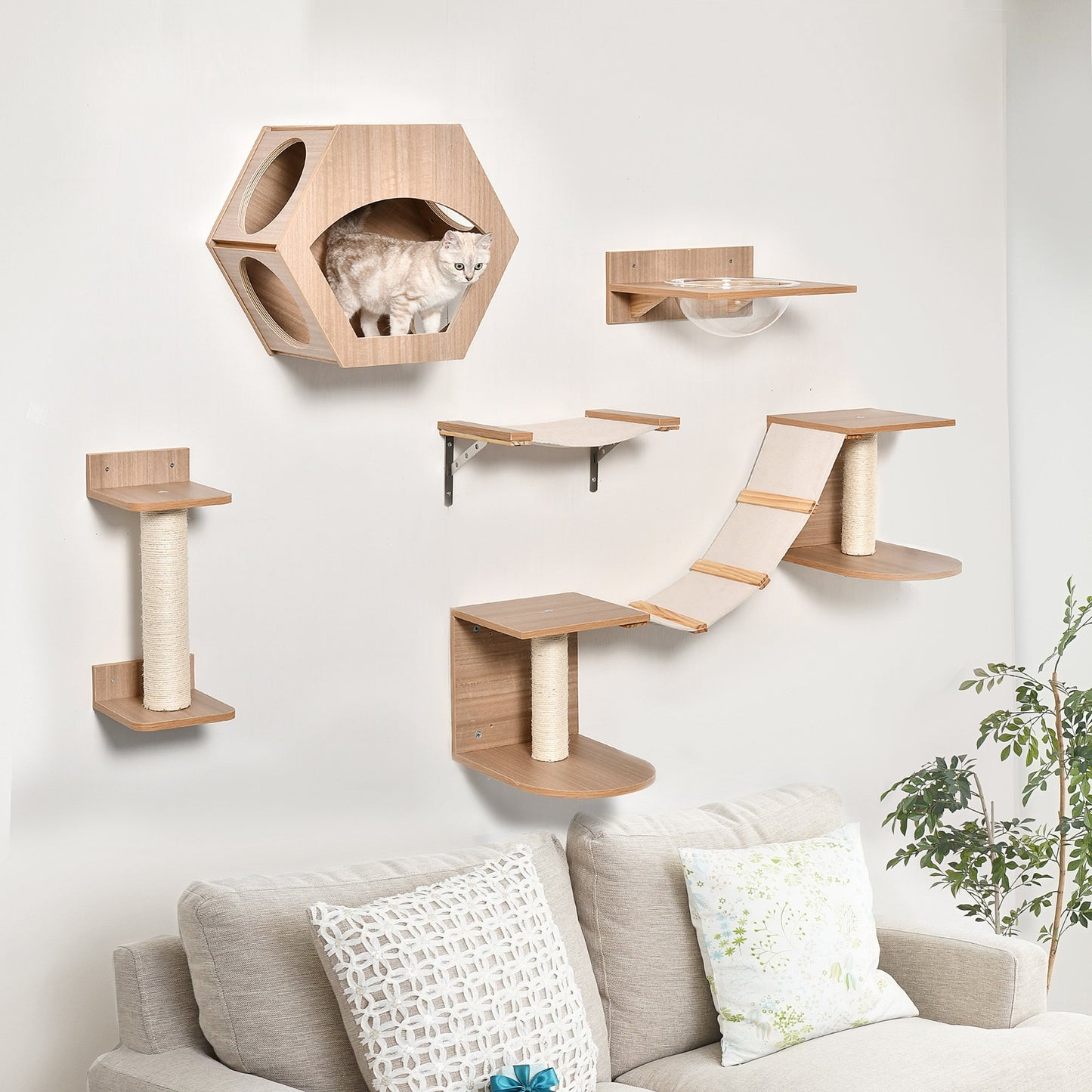 PawHut Cat Tree 5PCs Pet Wall-mounted Climbing Frame Shelf Set Kitten Perch Activity Center with Hammock, Scratching Post,Light Brown | Aosom Canada