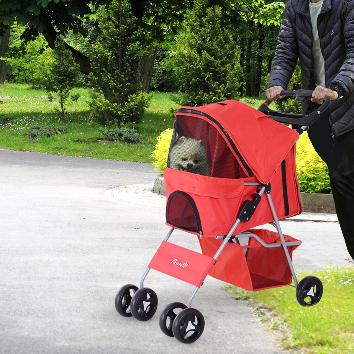 PawHut Pet Stroller 4 Wheels Jogging Stroller w/ Cup Holder, Basket, 360 ° swiveling front wheels, One Push Button-Fold, Red | Aosom Canada