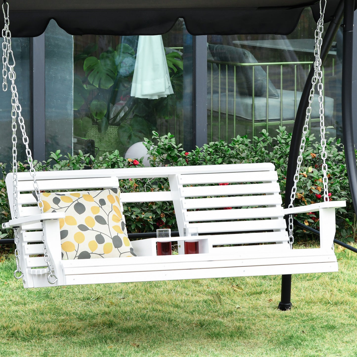 Outsunny 2 to 3 Seater Wood Swing Chair Swing Bench with Foldable Table, Cup Holders, Steel Chains Garden, Patio, Yard, White | Aosom Canada