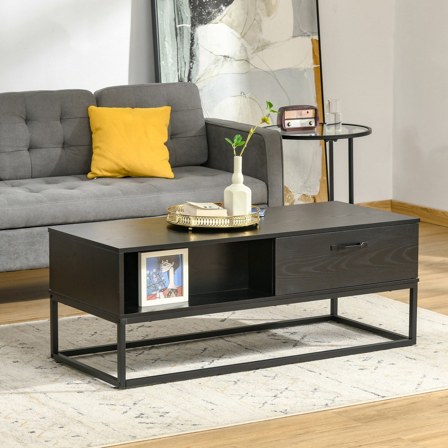 HOMCOM 47" Industrial Coffee Table with Storage Shelves, 2 Drawers, Rectangular Frame, Accent Cocktail Table for Living Room, Black | Aosom Canada