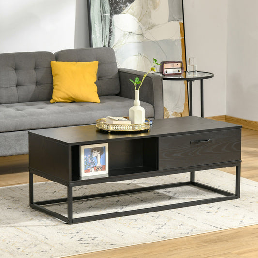 HOMCOM 47" Industrial Coffee Table with Storage Shelves, 2 Drawers, Rectangular Frame, Accent Cocktail Table for Living Room, Black | Aosom Canada