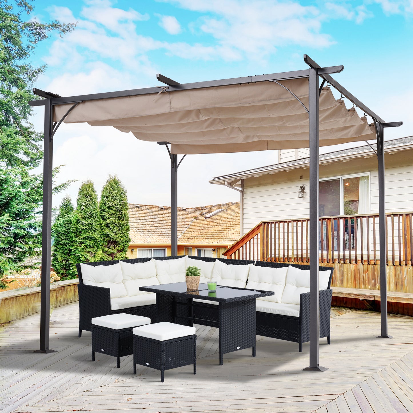 Outsunny 10' Outdoor Pergola Gazebo Garden Retractable Sun Shade Deck Lawn Covered Modern Square Canopy, Beige | Aosom Canada