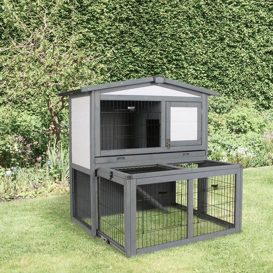 PawHut Deluxe Wooden 2 Story Rabbit Hutch w/ Slide-Out Outdoor Run Open Roof | Aosom Canada