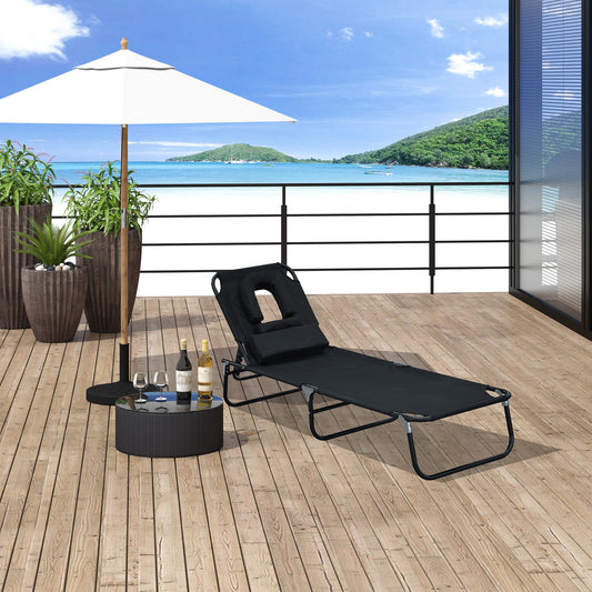 Outsunny Adjustable Garden Sun Lounger w/ Reading Hole Outdoor Reclining Seat Folding Camping Beach Lounging Bed Black | Aosom Canada