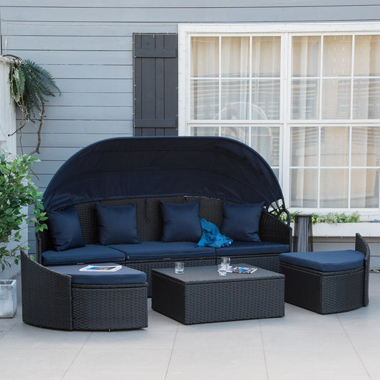 Outsunny 4 Pieces Patio PE Wicker Lounge Set, Outdoor Rattan Garden Conversation Furniture Set, Round Sofa Bed, Dark Blue | Aosom Canada