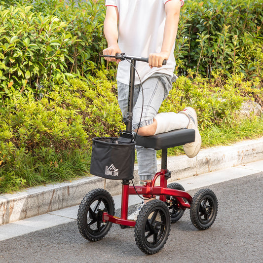 HOMCOM Knee Walker, Foldable Steerable Medical Knee Scooter, Crutch Alternative with Braking System, Storage Bag for Foot Injuries, Red | Aosom Canada