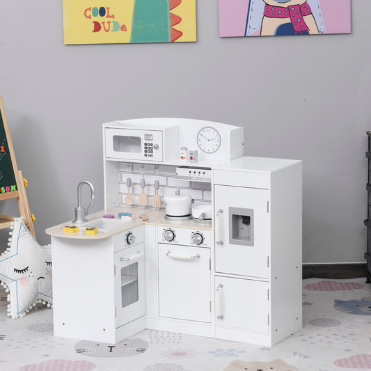 Qaba Toy Cooking Set White Kids Kitchen Play Set with Drinking Fountain, Microwave, and Fridge with Accessories White | Aosom Canada