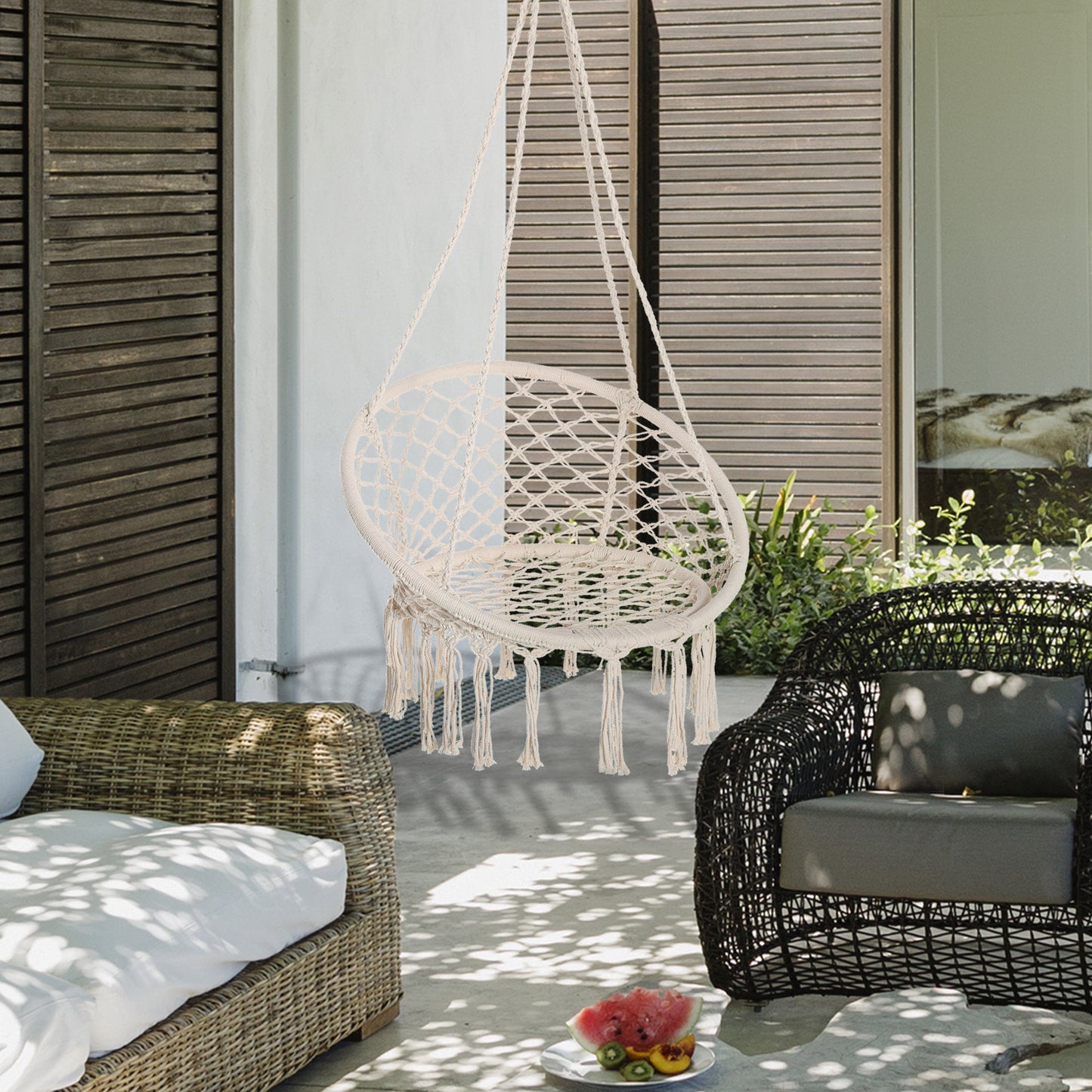 Outsunny Hammock Chair Hanging Rope Swing for Indoor & Outdoor Use with Backrest, Cotton-Polyester Blend, Fringe Tassels, Cream White | Aosom Canada