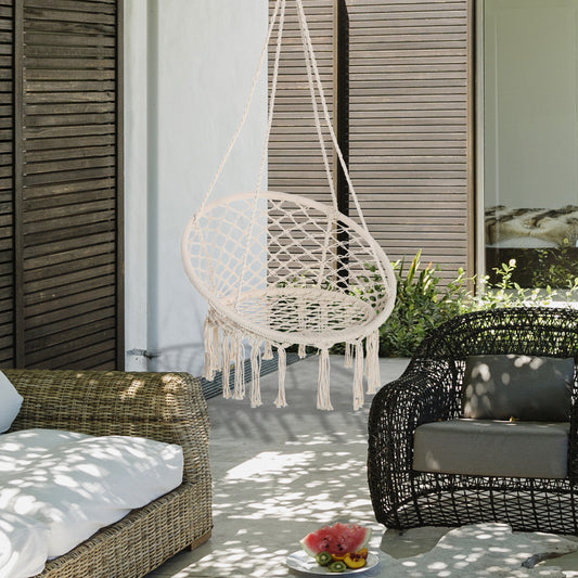Outsunny Hammock Chair Hanging Rope Swing for Indoor & Outdoor Use with Backrest, Cotton-Polyester Blend, Fringe Tassels, Cream White | Aosom Canada