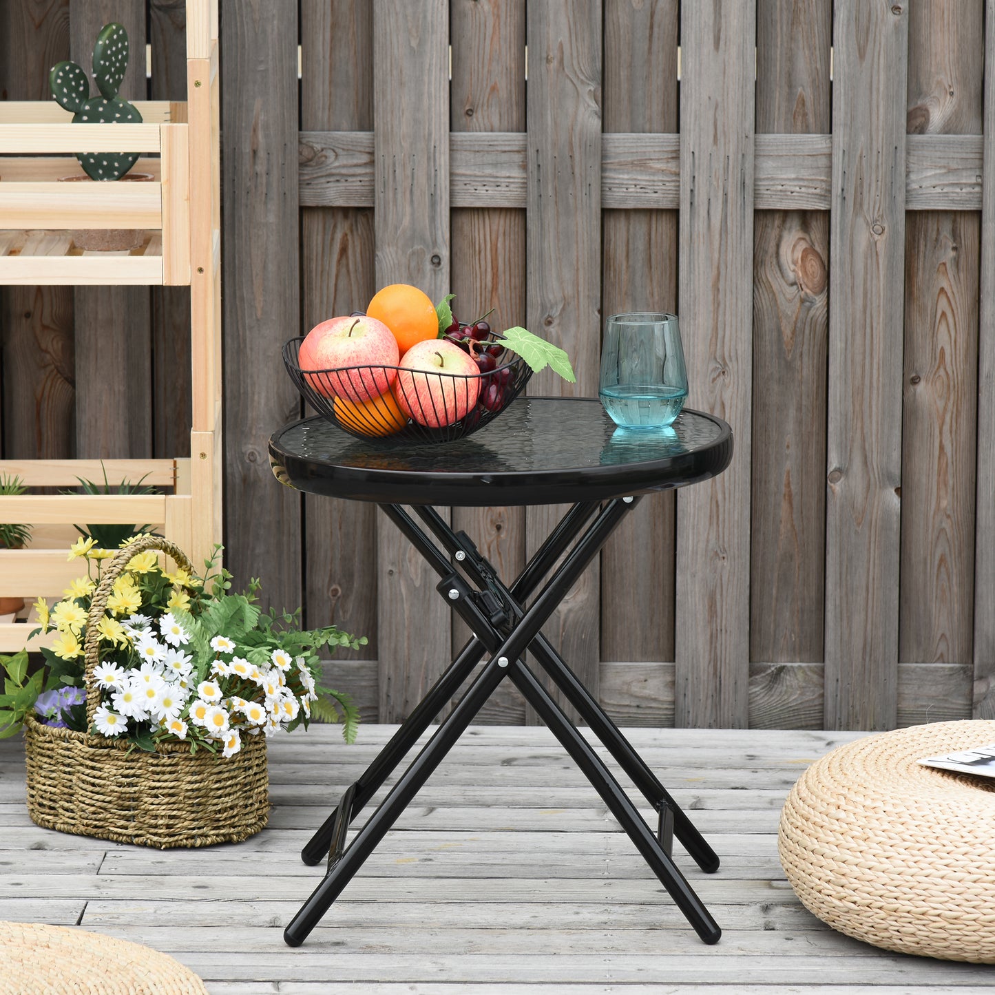 Outsunny Φ17.75" Garden Round Table Foldable Dining Table with Safety Buckle Glass Tabletop Metal Covered Edge | Aosom Canada