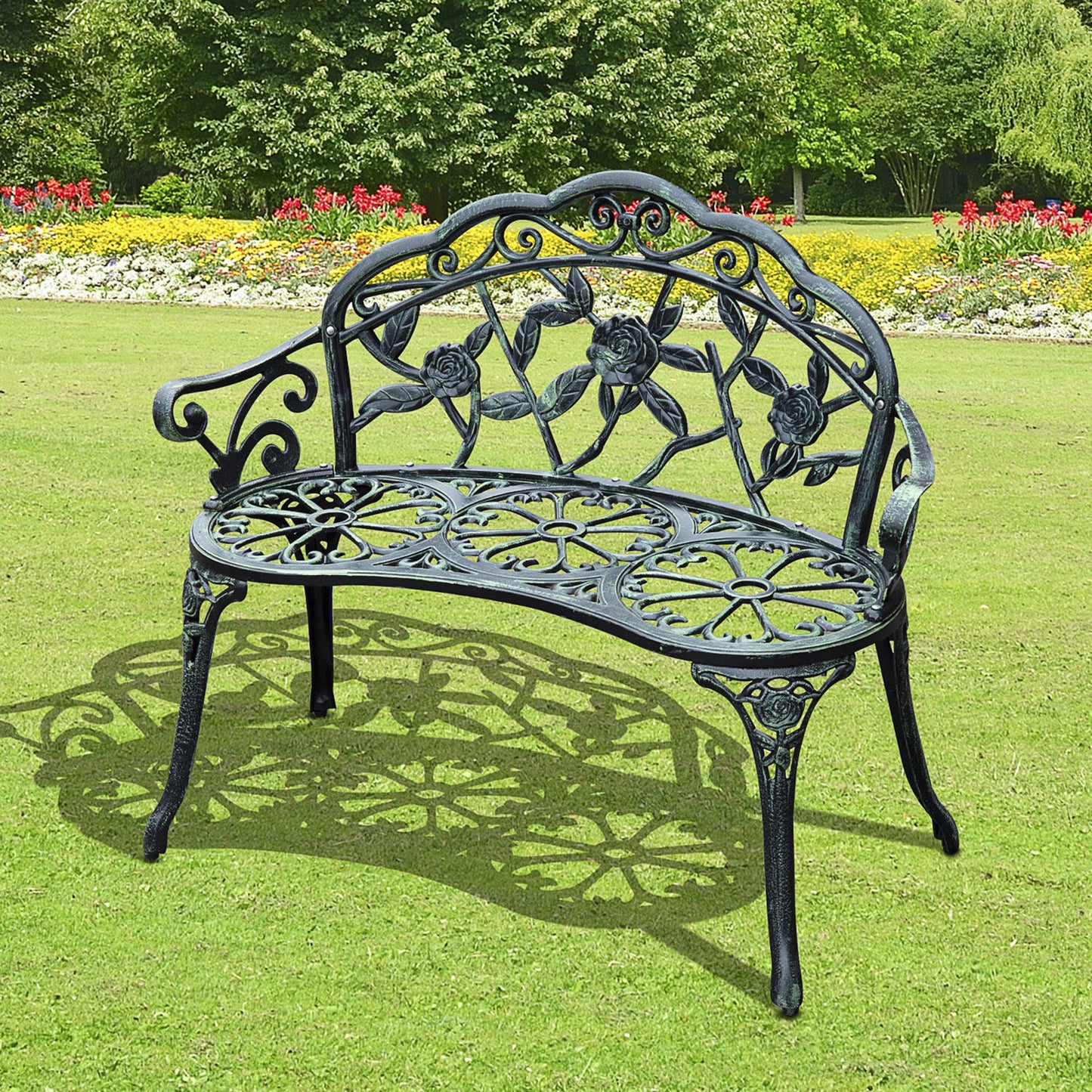 Outsunny 40" Outdoor Garden Bench, Cast Aluminum Antique Rose Style Patio Garden Park Loveseat Bench, Green | Aosom Canada