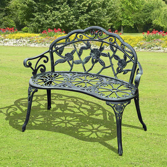 Outsunny 40" Outdoor Garden Bench, Cast Aluminum Antique Rose Style Patio Garden Park Loveseat Bench, Green | Aosom Canada
