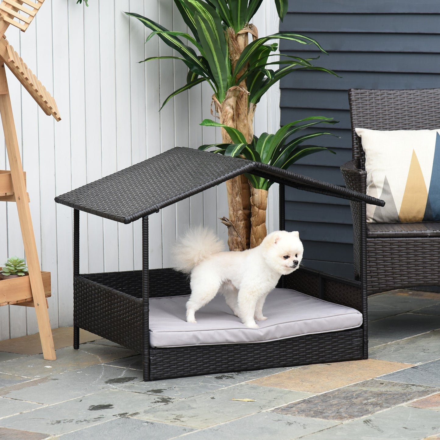 Outsunny PawHut Elevated Rattan Dog Bed Pet Home Indoor Outdoor Wicker Dog Cot Dog House Sofa Bed w/ Padded Cushion Roof Shelter Grey | Aosom Canada