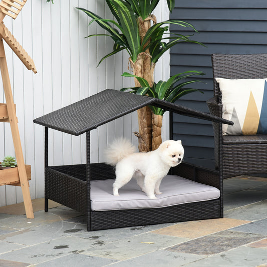 Outsunny PawHut Elevated Rattan Dog Bed Pet Home Indoor Outdoor Wicker Dog Cot Dog House Sofa Bed w/ Padded Cushion Roof Shelter Grey | Aosom Canada
