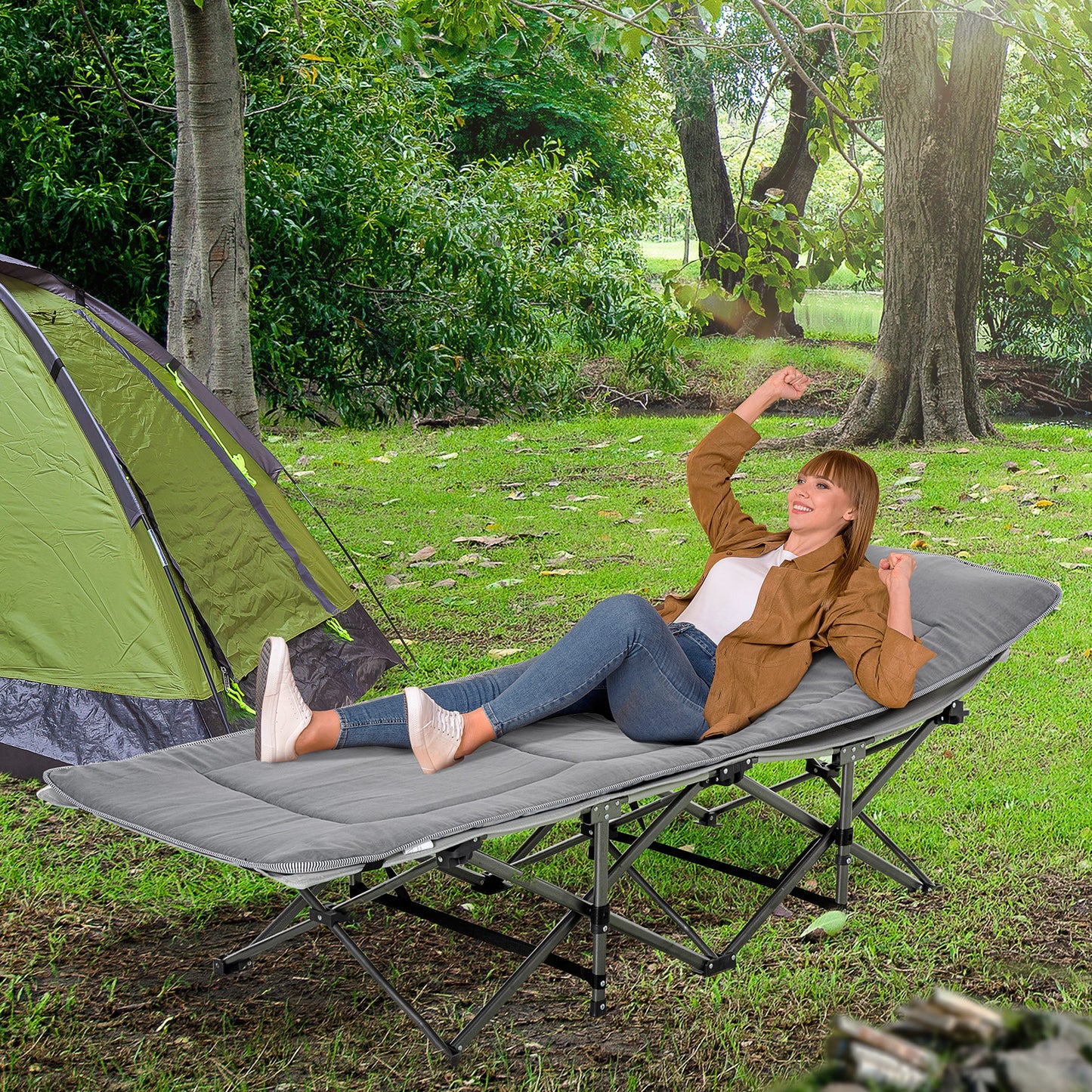Outsunny Folding Camping Cot for Adults with Mattress & Pillow, Double Layer Oxford Heavy Duty Sleeping Cots with Carry Bag, Grey | Aosom Canada
