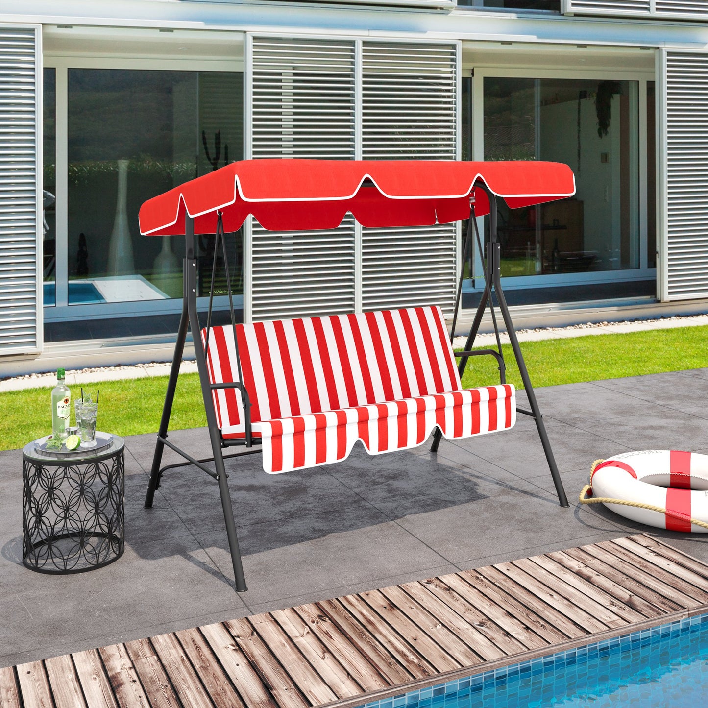Outsunny Meatal 3-Seater Outdoor Porch Swing with Stand Cushioned Garden Lounger Patio Hammock with Frame and Canopy Red and White | Aosom Canada