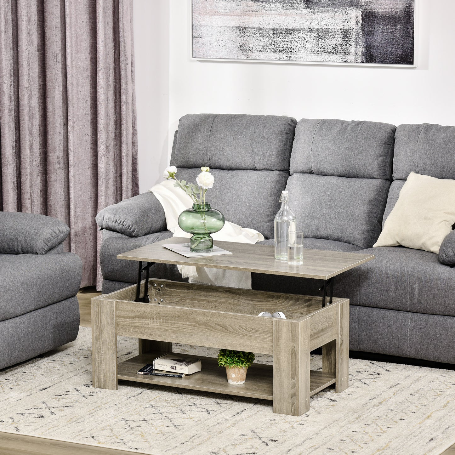 HOMCOM Lift Top Coffee Table with Hidden Storage Compartment and Open Shelf, Center Table for Living Room, Grey | Aosom Canada