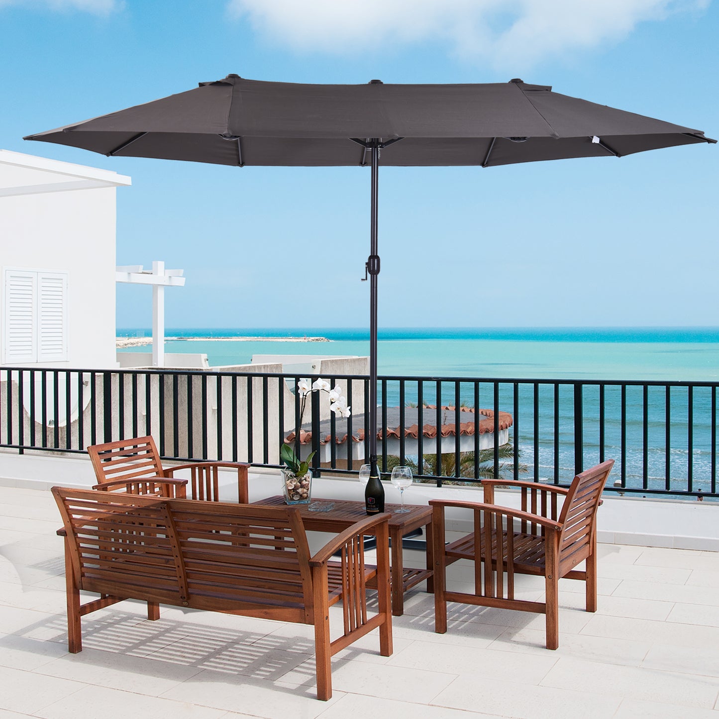 Outsunny 15' Outdoor Patio Umbrella with Twin Canopy Sunshade Steel Table Umbrella with Lift Crank Grey | Aosom Canada