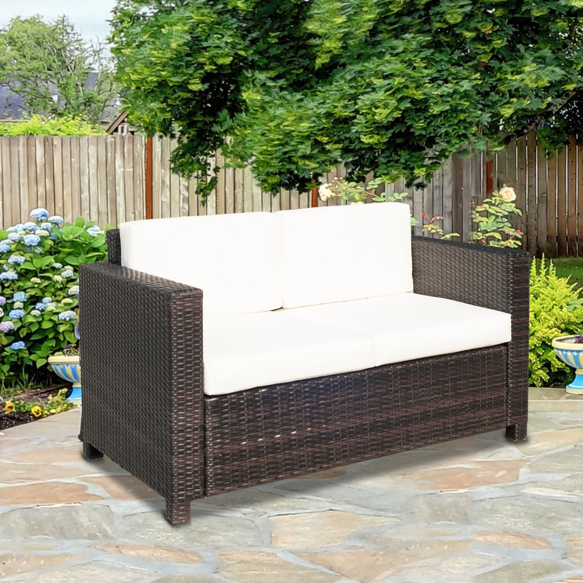 Outsunny Deluxe 2 Seat Rattan Wicker Sofa Garden Cushioned Brown | Aosom Canada