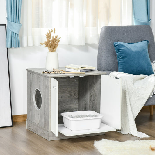 PawHut Cat Washroom Pet Litter Box Decorative Kitten House Nightstand End Table Indoor with Magnetic Door Slide-out Board Grey Oak | Aosom Canada