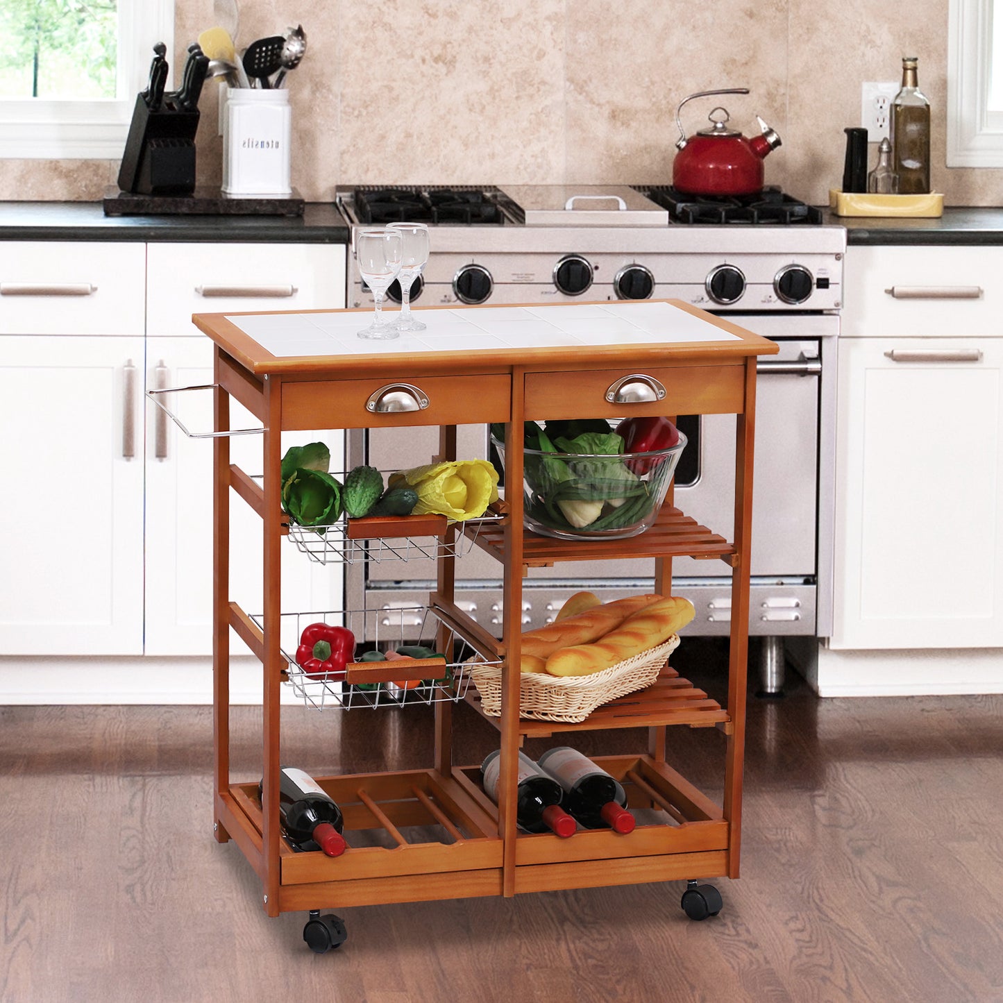 HOMCOM Rolling Kitchen Cart, Bar Cart, Kitchen Island Cart with Storage Drawers, Tile Counter Top, Shelves, Natural | Aosom Canada