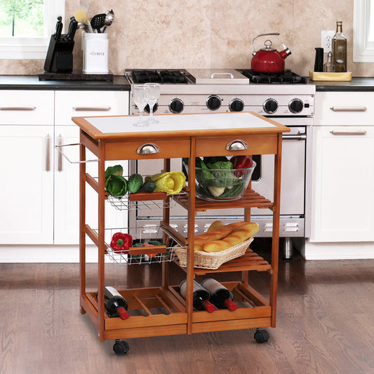 HOMCOM Rolling Kitchen Cart, Bar Cart, Kitchen Island Cart with Storage Drawers, Tile Counter Top, Shelves, Natural | Aosom Canada