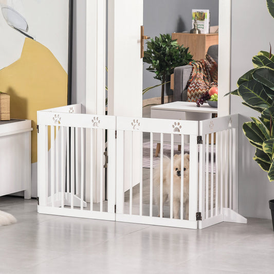 PawHut Freestanding Pet Gate 4 Panel Wooden Dog Barrier Folding Safety Fence with Support Feet up to 80.25" Long 24" Tall, White | Aosom Canada