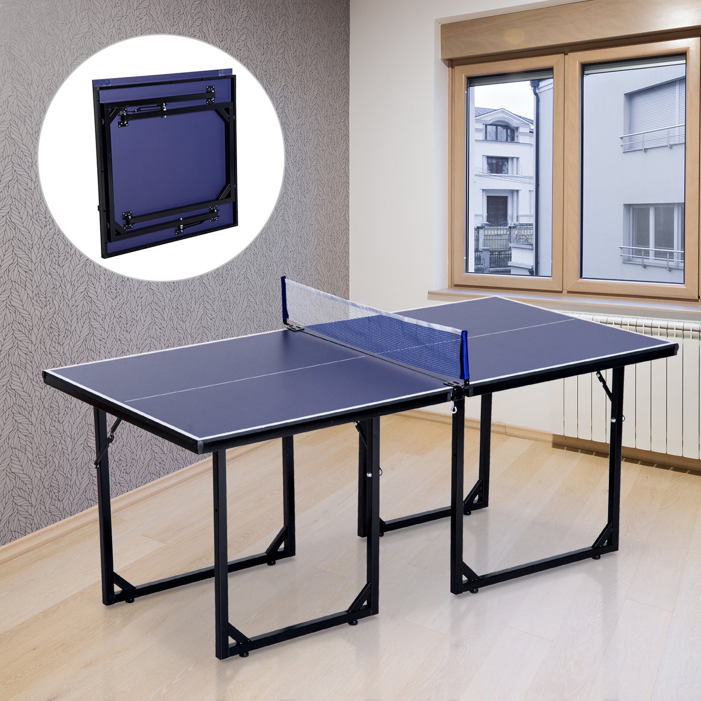 Soozier 6x3ft Compact Midsize Table Tennis Table Multi-Use Family Ping-pong Table Free Standing Folding Blue | Aosom Canada