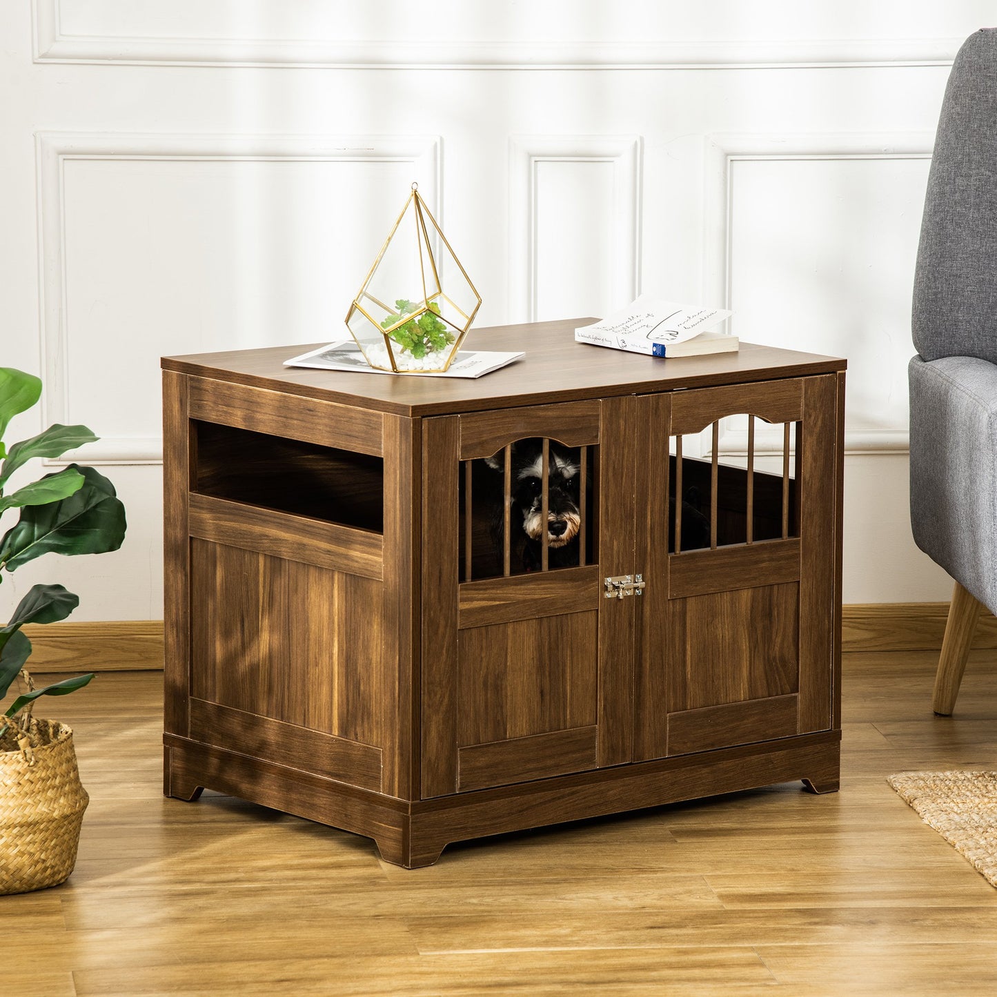 PawHut 29.5" Wooden Dog Cage with Windows, End Table Furniture Style, Modern Pet Kennel with Lockable Doors Elevated Base, Brown | Aosom Canada