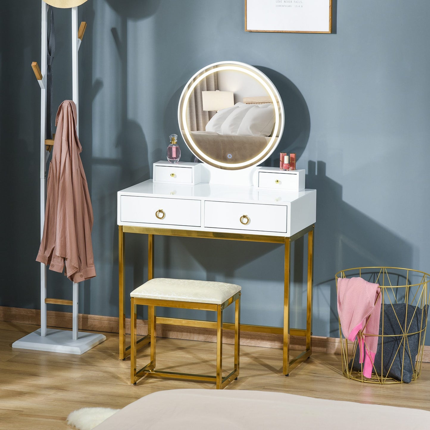 HOMCOM Makeup Vanity Table Set with 3-Color Touch Screen Lighted Mirror, Dressing Desk with 4 Drawers and Cushioned Stool, White | Aosom Canada
